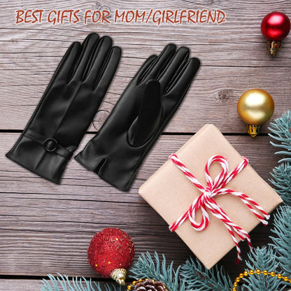 Womens Black Leather Touchscreen Winter Gloves