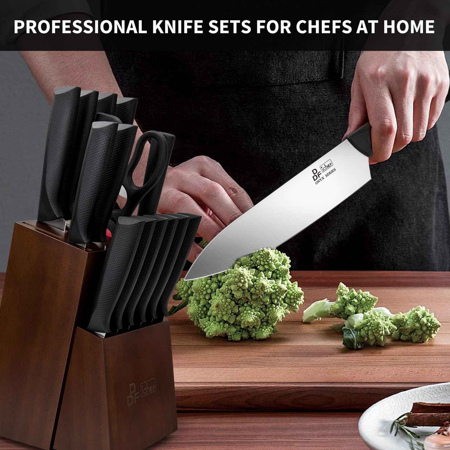 Kitchen Knife Set, DDF iohEF 16 Pieces Knife Set for Kitchen with Block High Carbon Stainless Steel Knife Block Set with Sharpener Ultra Sharp Professional Chef Knife Set for Cutting