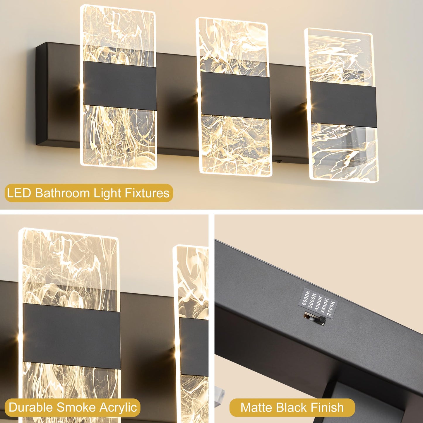 NADOSA Modern LED Bathroom Light Fixtures 3-Light Black Vanitys Light, 5CCT Adjustable Lighting Fixture Vanity Lights Over Mirror, Smoked Acrylic LED Vanity Lights for Bathroom
