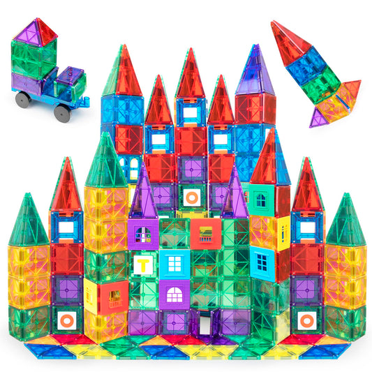 Playmags 150-Piece Magnetic Tiles Building Set – 3D Magnet Building Blocks, Creative Imagination, Inspirational, Educational STEM Toys for Kids with 1 Car