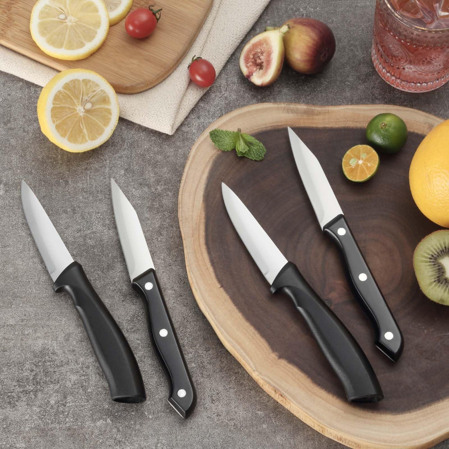 BEWOS 4-Piece Paring Knife Set, 3.5 Inch Paring Knives with Ergonomic Streak Handle, Cutting Knife & Peeling Knife for Vegetable and Fruit, Kitchen Knives, Stainless Steel/Black