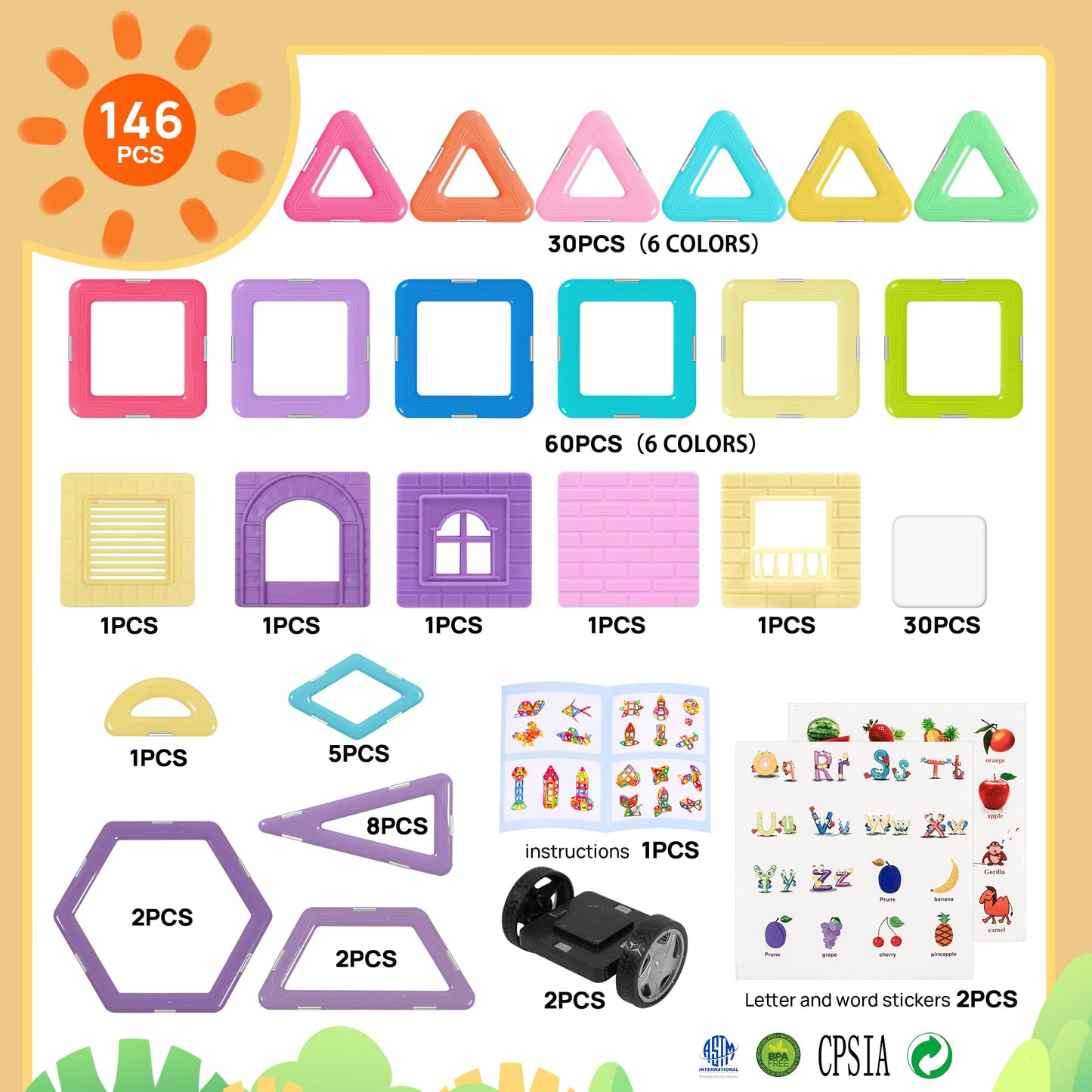 Magnetic Building Tiles Set for Kids 146 pcs