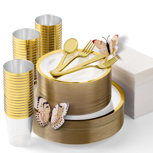 Clear & Gold Disposable Plates for 50 Guests