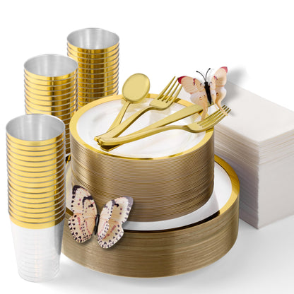 Clear Gold Disposable Plates Set for 50 Guests