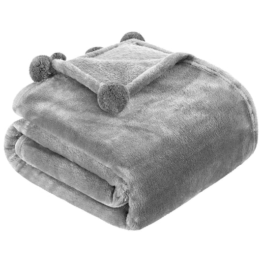 HOMEIDEAS Fleece Throw Blanket with Pompoms 50x60