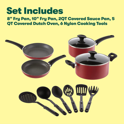 BELLA Cookware Set, 12 Piece Pots and Pans with Utensils, Nonstick Scratch Resistant Cooking Surface Compatible with All Stoves, Nylon and Aluminum, Red