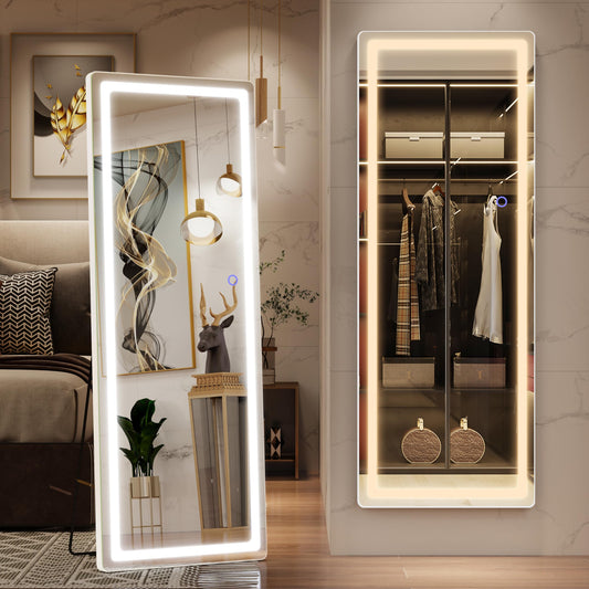 FENNIO Full Length Mirror with Lights, 57" x 17" LED Full Body Mirror, Free Standing Lighted Floor Mirror, Wall Mounted Hanging Mirror with Lights for Bedroom, Dimmable & 3 Color Lighting, White