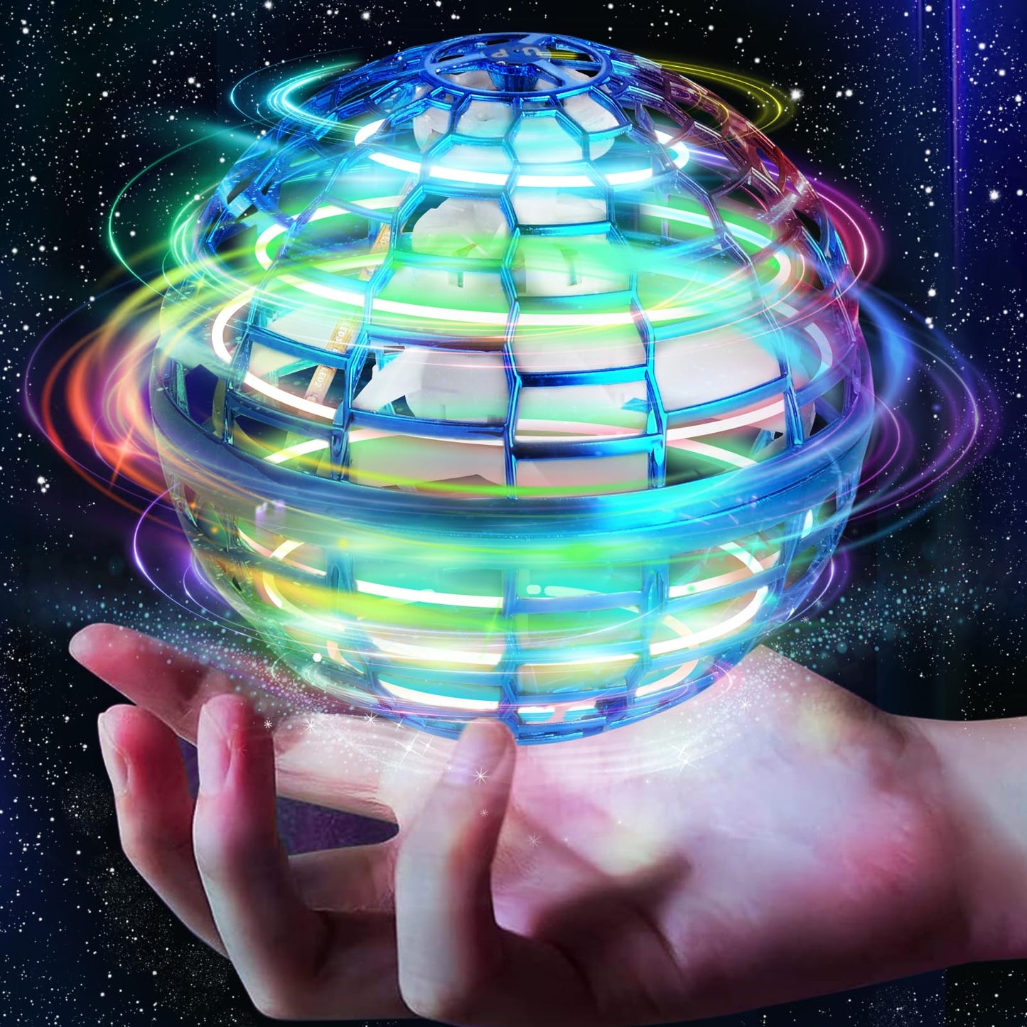 Unyfu Flying Orb Ball Toy, Galaxy Boomerang Hover Ball Led Lights Mini Drone Globe Hand Controlled Flying Ball Toys Cool Toys Gift for 6 7 8 9 10+ YearOld Boys Girls Teens Outdoor Toys(Blue)