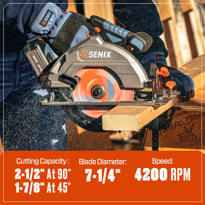 SENIX 20V Max 7-1/4" Circular Saw for Wood Cutting | Cordless Circular Saw with 4.0Ah Battery & Charger | 4200RPM Brushless Motor, LED Light, 55° Bevel | Storage Bag Included (PSCX2-M3)