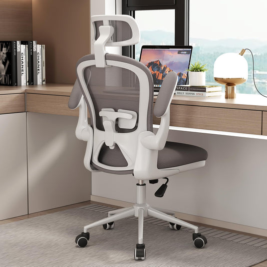 Apusen Ergonomic Office Chairs with Adjustable Lumbar Support,Mesh Desk Chair with Adjustable Arms and Wheels,Computer Desk Chair for Home Office Essentials（Headrests,White）