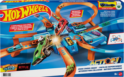 Hot Wheels Toy Car Track Set, Criss Cross Crash with 1:64 Scale Vehicle, Powered by a Motorized Booster (Amazon Exclusive)