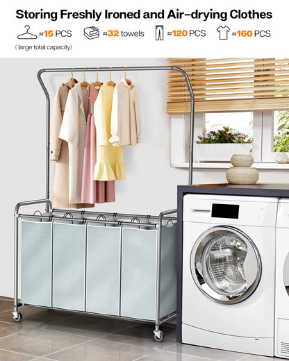 ROMOON Laundry Sorter with Hanging Bar, 4 Section Laundry Hamper with Heavy Duty Lockable Rolling Wheels, Laundry Basket with Removable Bags for Dirty Clothes, Grey