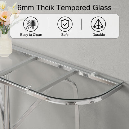 HOMISSUE Console Table, Modern Console Table with Tempered Glass Top and Chrome Frame, Glass Entryway Table with Marbling MDF Base, Chrome Console Table for Entryway, Hallway, Living Room (Silver)