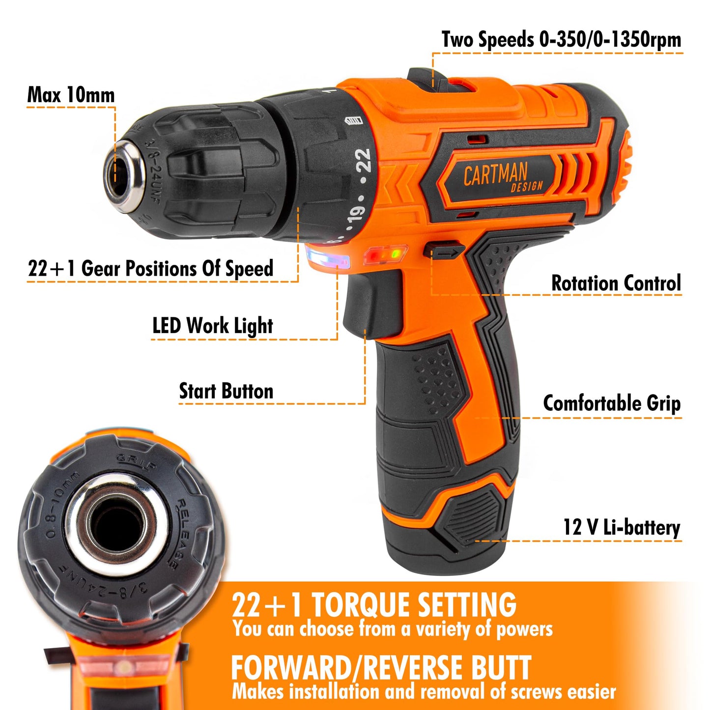 198 Piece CARTMAN 12V Cordless Drill Power Tool Kit