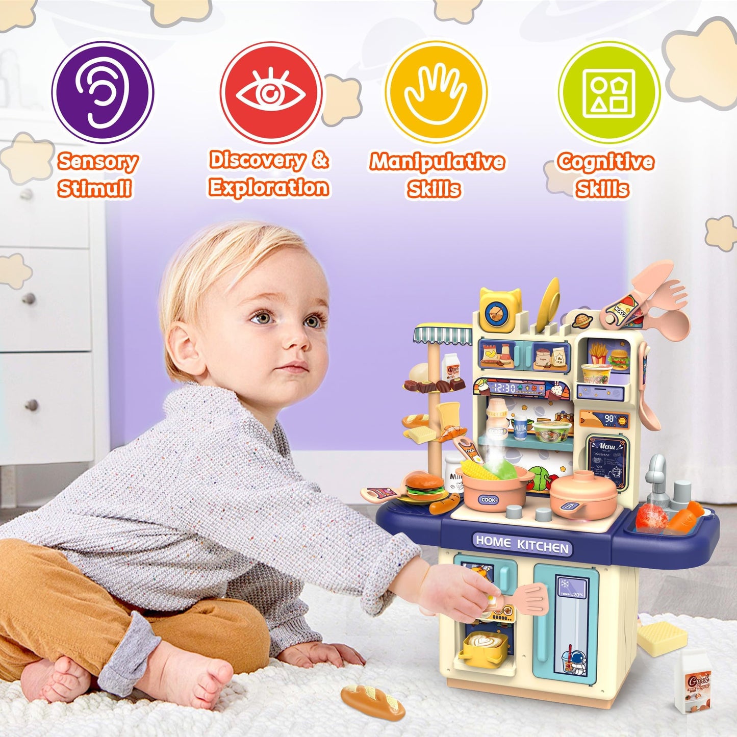 Kids Kitchen Playset with Realistic Steam & Lights