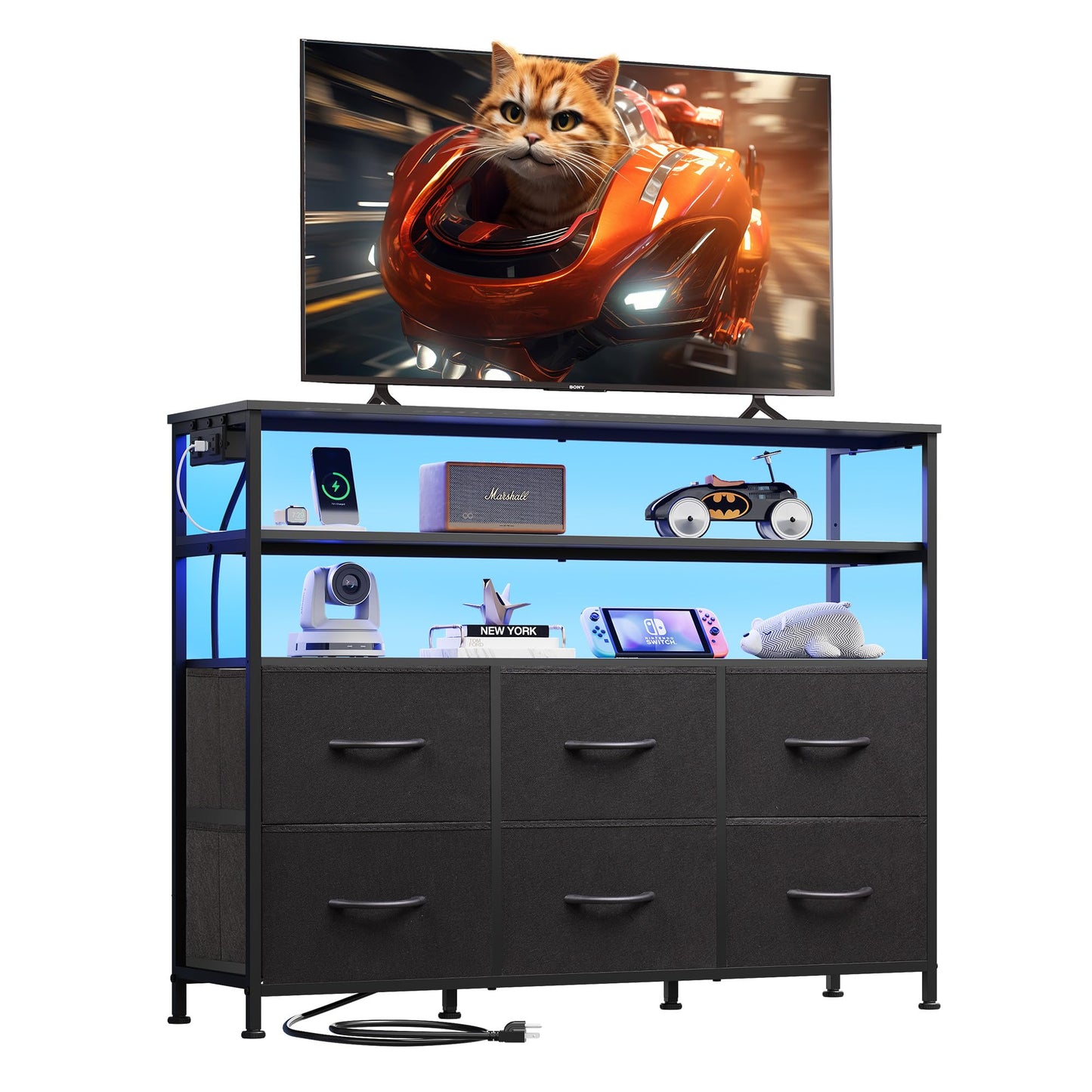 WLIVE Black TV Stand for 40, 45 inch TV, Entertainment Center with LED Lights & Charging Station, TV Media Console Table with 6 Fabric Drawers and Open Shelves for Living Room, Hallway, Wood Top