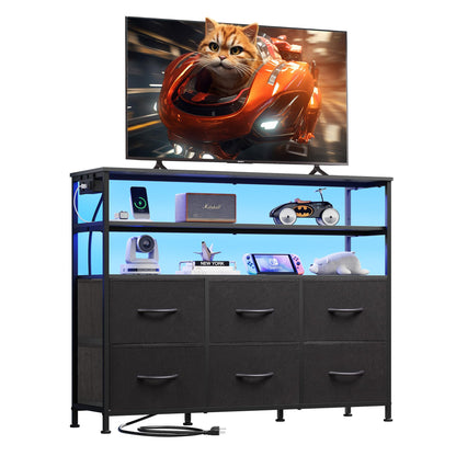 WLIVE Black TV Stand for 40, 45 inch TV, Entertainment Center with LED Lights & Charging Station, TV Media Console Table with 6 Fabric Drawers and Open Shelves for Living Room, Hallway, Wood Top