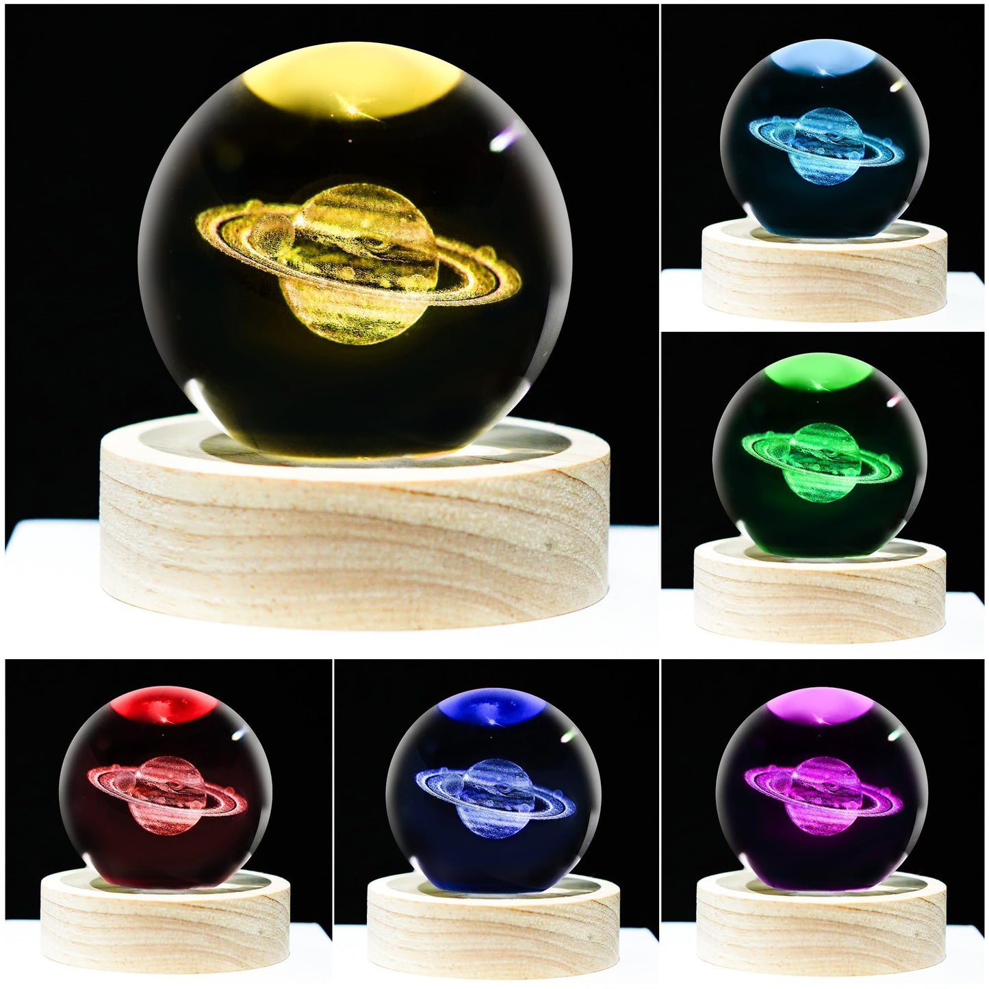 YU FENG 3D Engraved Saturn Crystal Ball on Wooden Base Ideal for Home Decor and Collectors