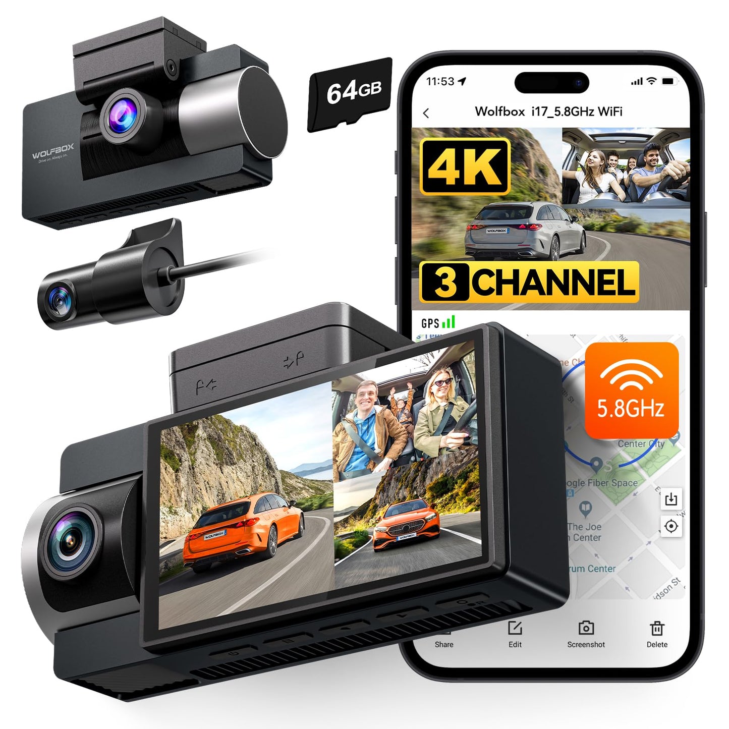 WOLFBOX 4K Triple Dash Cam with GPS & WiFi