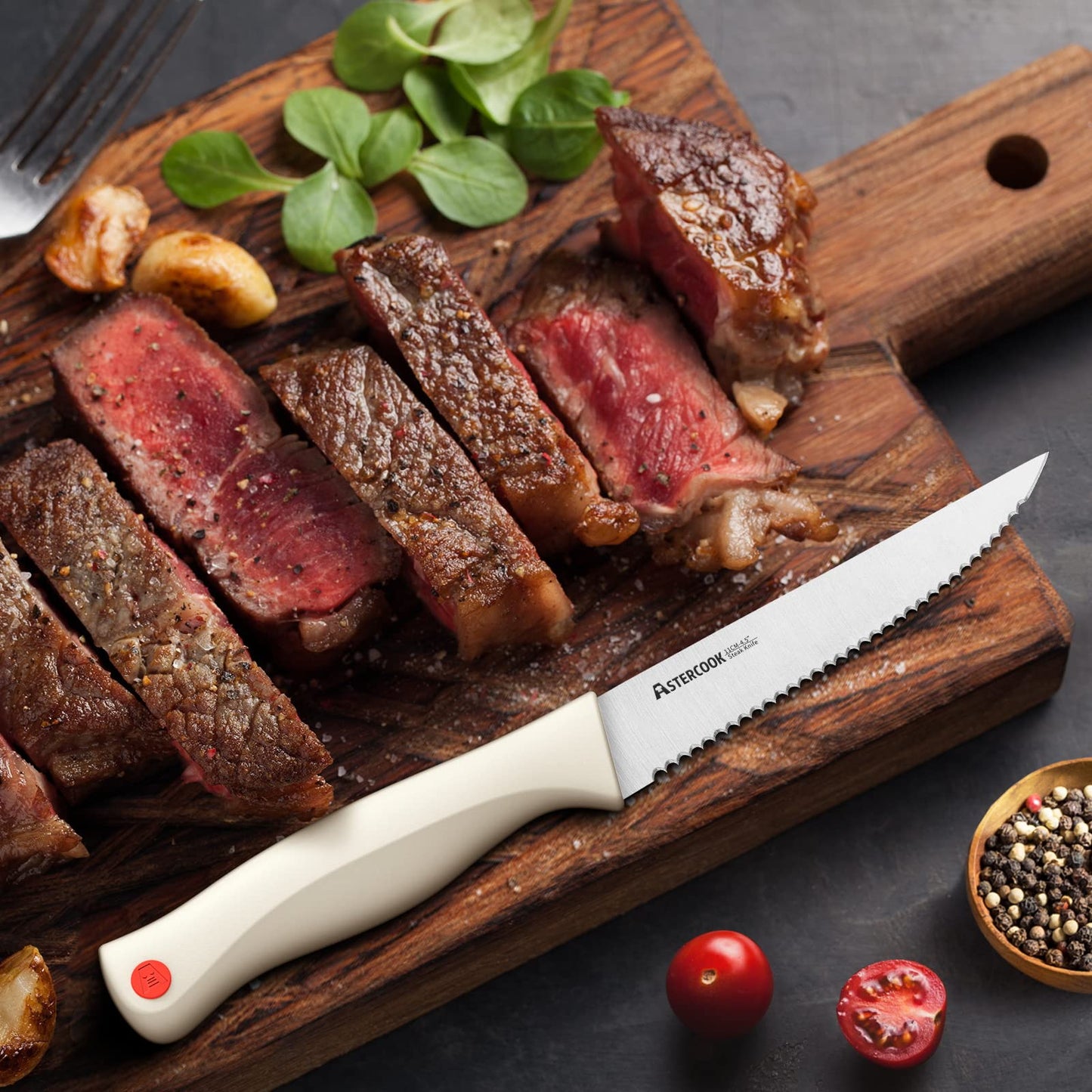 Astercook Steak Knife, Steak Knives Set of 8 with Sheath, Dishwasher Safe High Carbon Stainless Steel Steak Knife with Cover, White