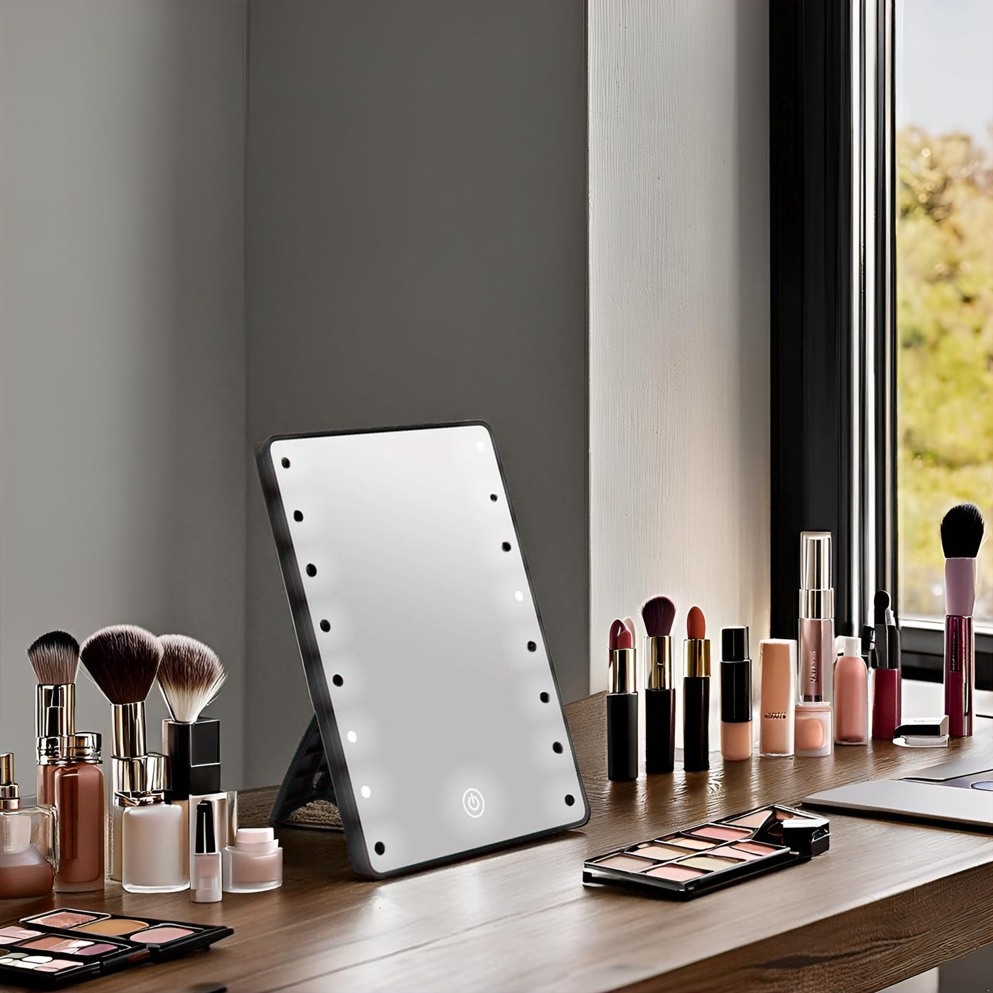 Vanity Makeup Mirror with Lights, Touch Dimming Screen 16 LED Lighted Vanity Travel Portable Mirror, Black Cosmetic Tabletop Wall Mirror Gifts for Mothers, Mom, Wife, Women, Girl