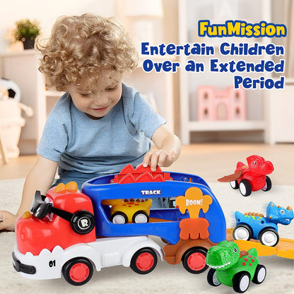 FunMission 5-in-1 Dinosaur Toys for Kids 3-5, Dinosaur Truck with 4 Pack Small Pull Back Dino Car, Dinosaur Cars Set, Birthday, Big Trucks Toys for 3 + Year Old Boy and Girl -Red