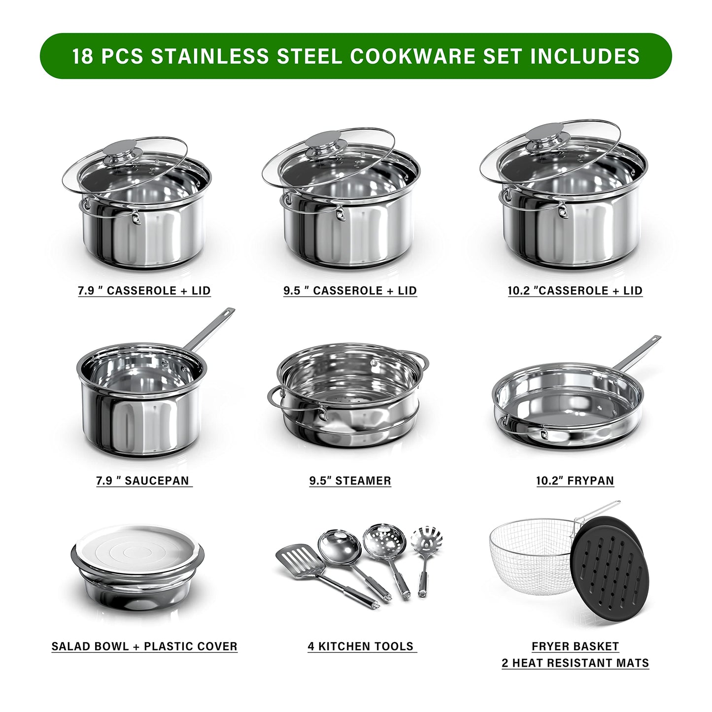 18-Piece Stainless Steel Cookware Set with Utensils
