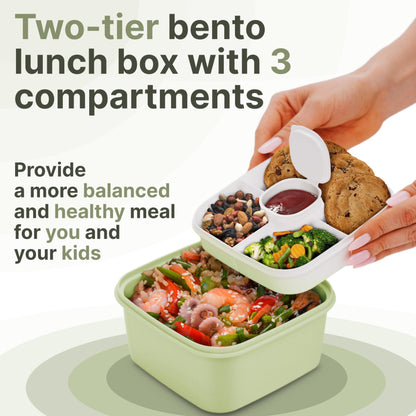 Earth&ME Bento Lunch Box For Kids Adults, 1100 Ml Lunch Box Container With 2 Floors 3 Compartments, Leak-proof Sauce Container, Spork, Bento Box For School Office Travel, Green