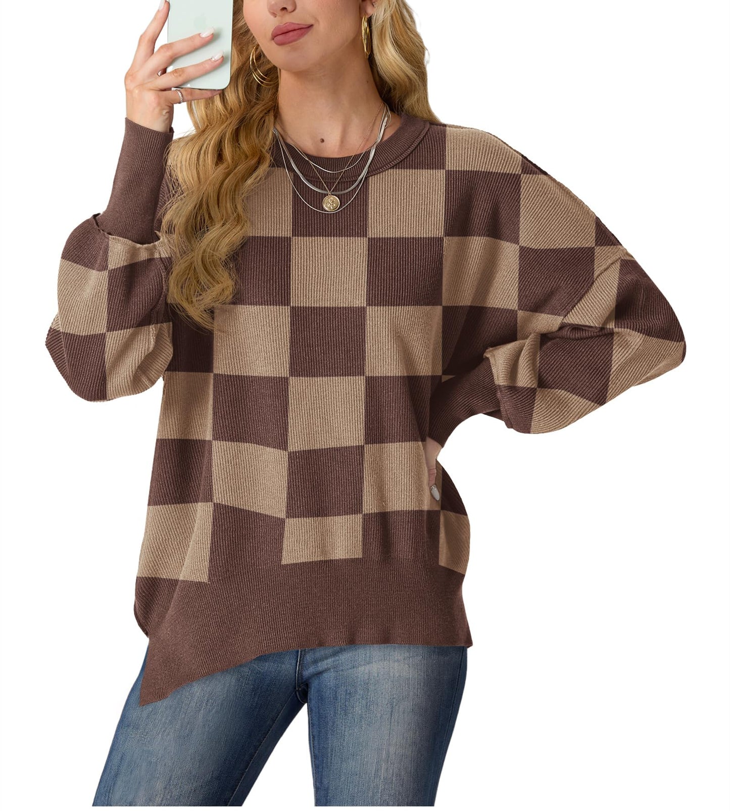 Women's Fall Fashion 2024 Casual Long Sleeve Crew Neck Side Slit Oversized Ribbed Knit Pullover Sweater Tops