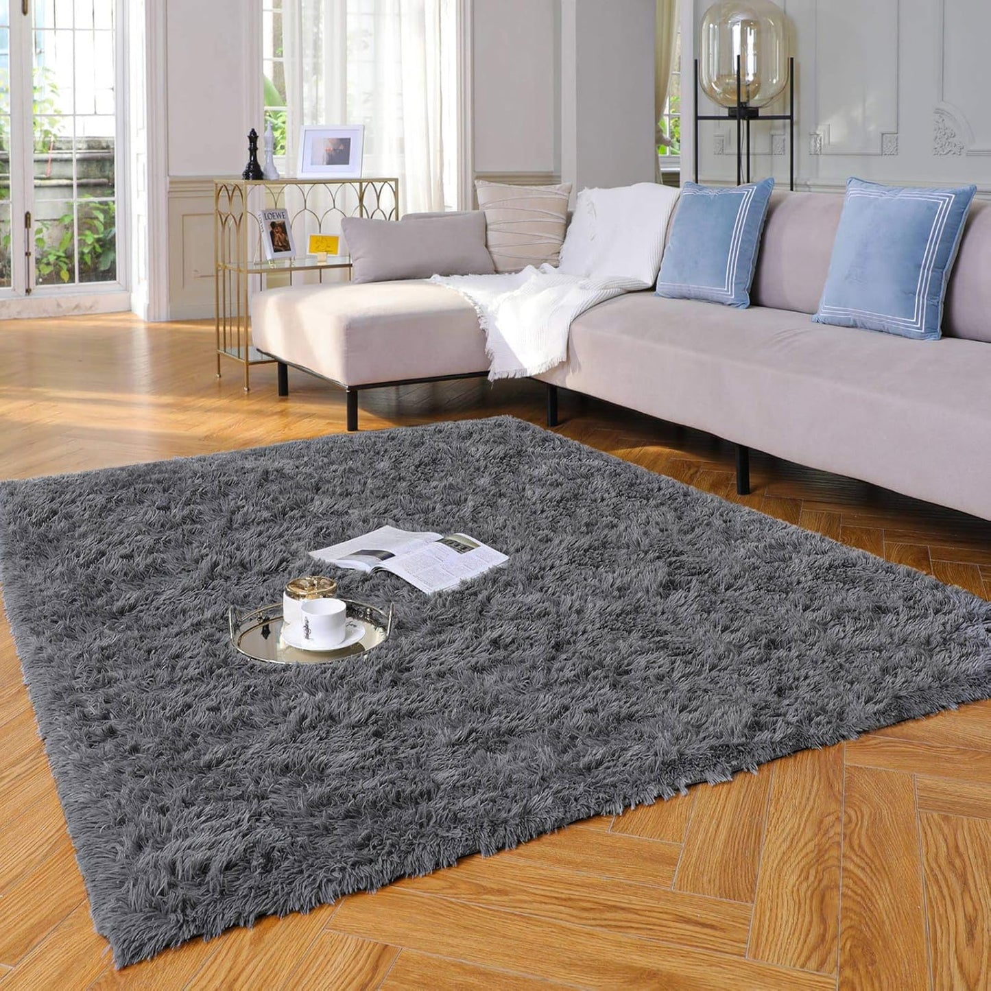 Fluffy Grey Shag Area Rug for Bedroom