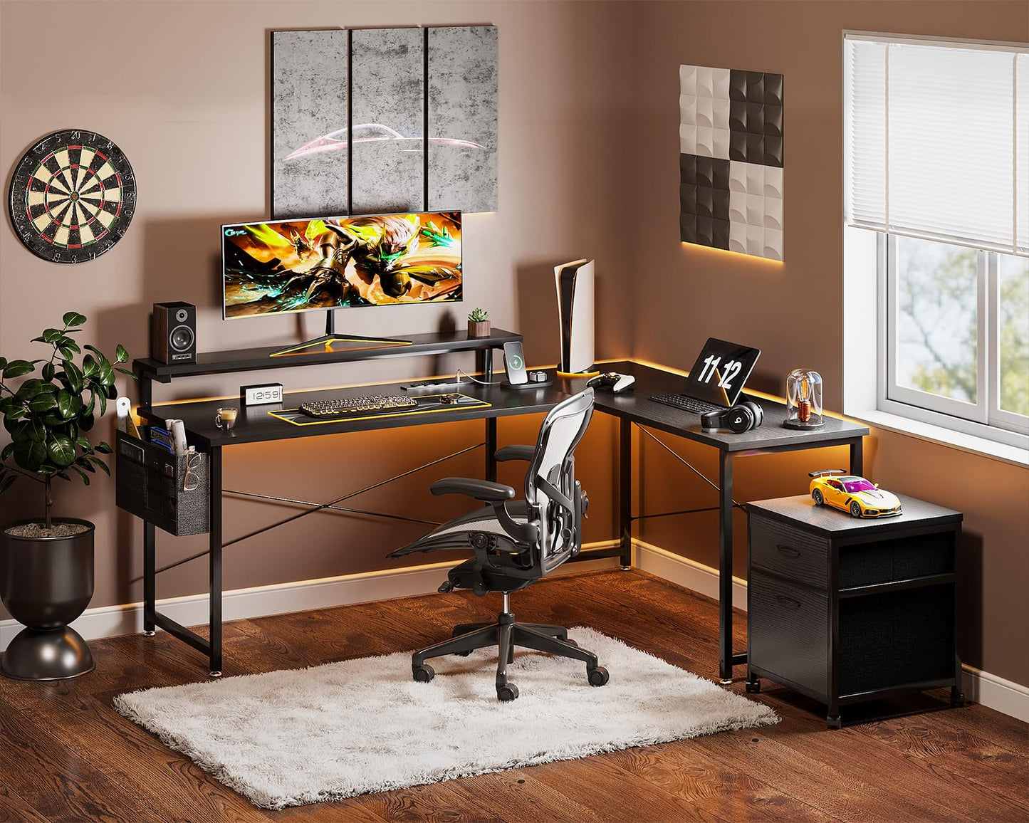 AODK L Shaped Computer Desk, 55" Office Desk with File Cabinet, Power Outlet and Adjustable Monitor Stand, Executive Home Office Furniture Set, Reversible Corner Desk with Storage Bag, Black