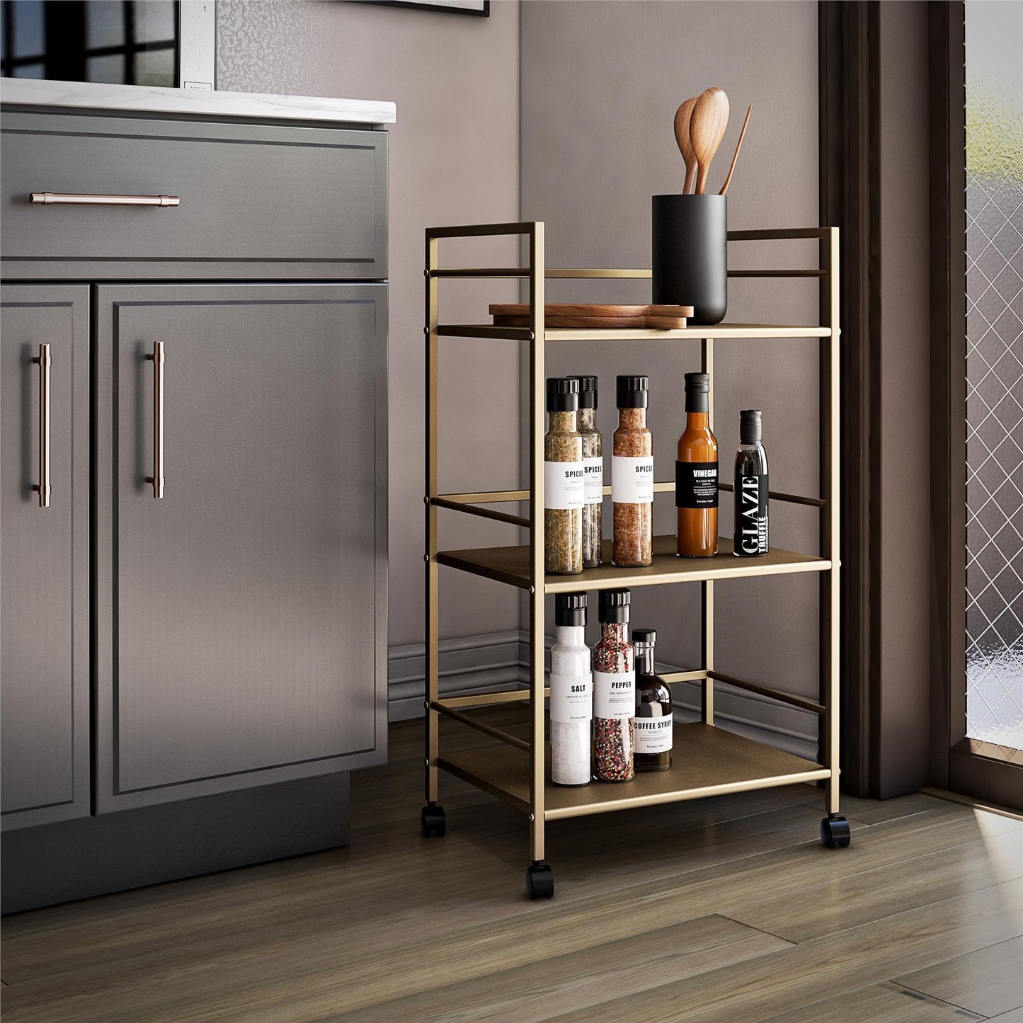 Novogratz Helix Small Bar Cart for the Home, 3 Tier Rolling Cart With Wheels, Kitchen Cart with Storage for Beverages and Wine, Gold