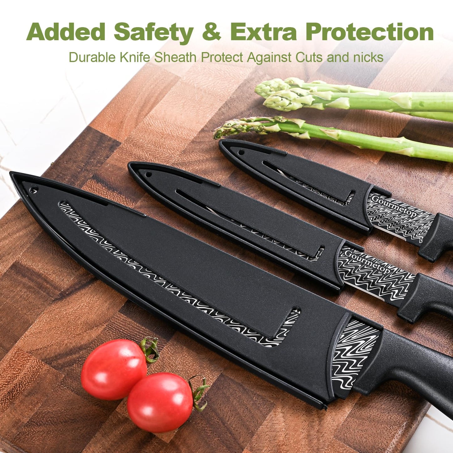 Gourmetop 3 Pcs Kitchen Knife Set with Cover, Black Knives Set for Kitchen Stainless Steel, Damascus Pattern Chef Knife set with Sheath, Sharp Cutting Knives for Cooking