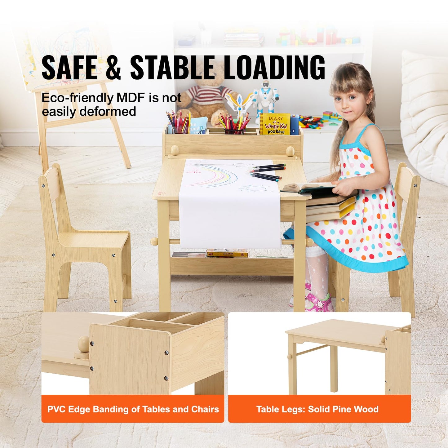 VEVOR Kids Art Table and 2 Chairs, 2-in-1 Toddler Craft and Play Activity Table, Wood Toddler Table and Chair Set with A Cabinet for Art, Craft, Reading, Learning