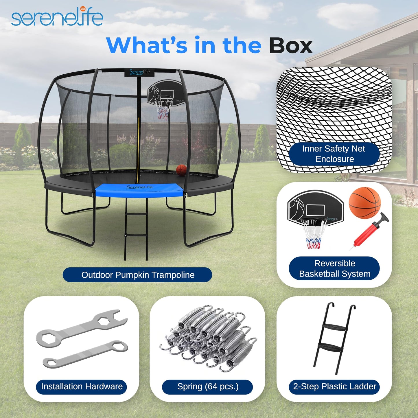 SereneLife 10ft Trampoline for Kids - Outdoor Recreational Backyard Trampoline with Net Enclosure, Basketball Hoop, Curved Safety Poles, UV-Tested Mat, Water-Resistant Padding, Up to 330 lbs.