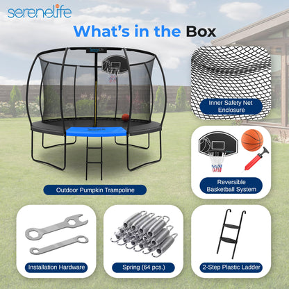 SereneLife 10ft Trampoline for Kids - Outdoor Recreational Backyard Trampoline with Net Enclosure, Basketball Hoop, Curved Safety Poles, UV-Tested Mat, Water-Resistant Padding, Up to 330 lbs.