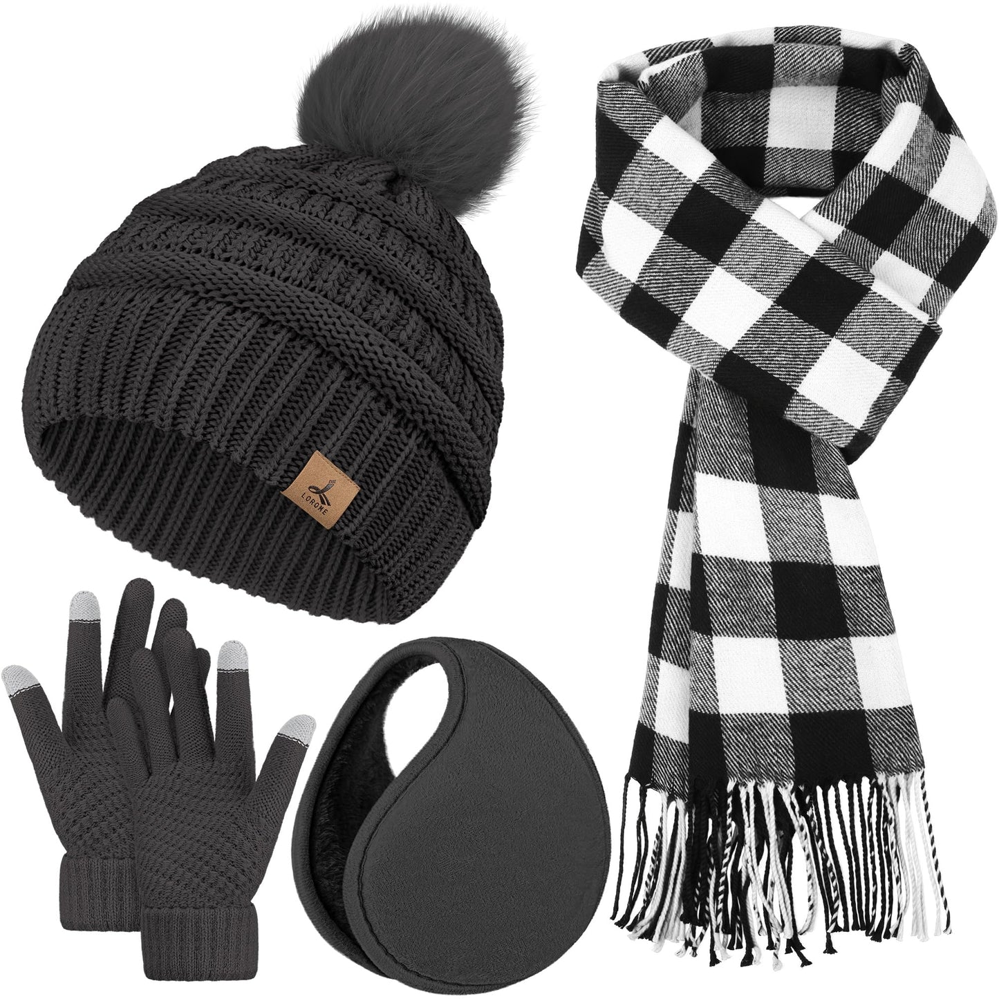 Winter Hat Scarf Gloves and Ear Warmer, Knit Warm Beanie Hat Touch Screen Gloves Long Knitted Plaid Scarf Set Gifts for Women Dark Gray