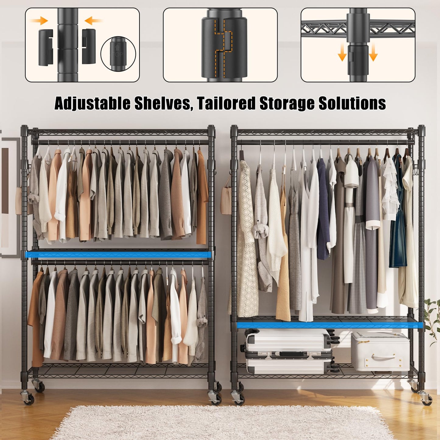 Portable Rolling Garment Rack with Adjustable Shelves