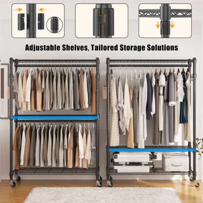 Portable Rolling Garment Rack with Adjustable Shelves
