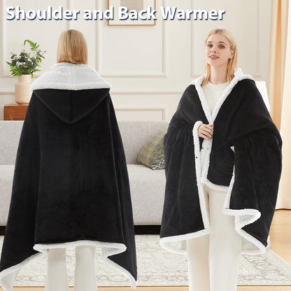 PLOATH Heated Electric Blanket Shawl: Heating Blanket Heated Throw Blanket Heated Poncho - Wearable Blanket Hoodie Wrap Sherpa with 10 Heating Levels & Multi Heating Time Settings (40x70'' Black)