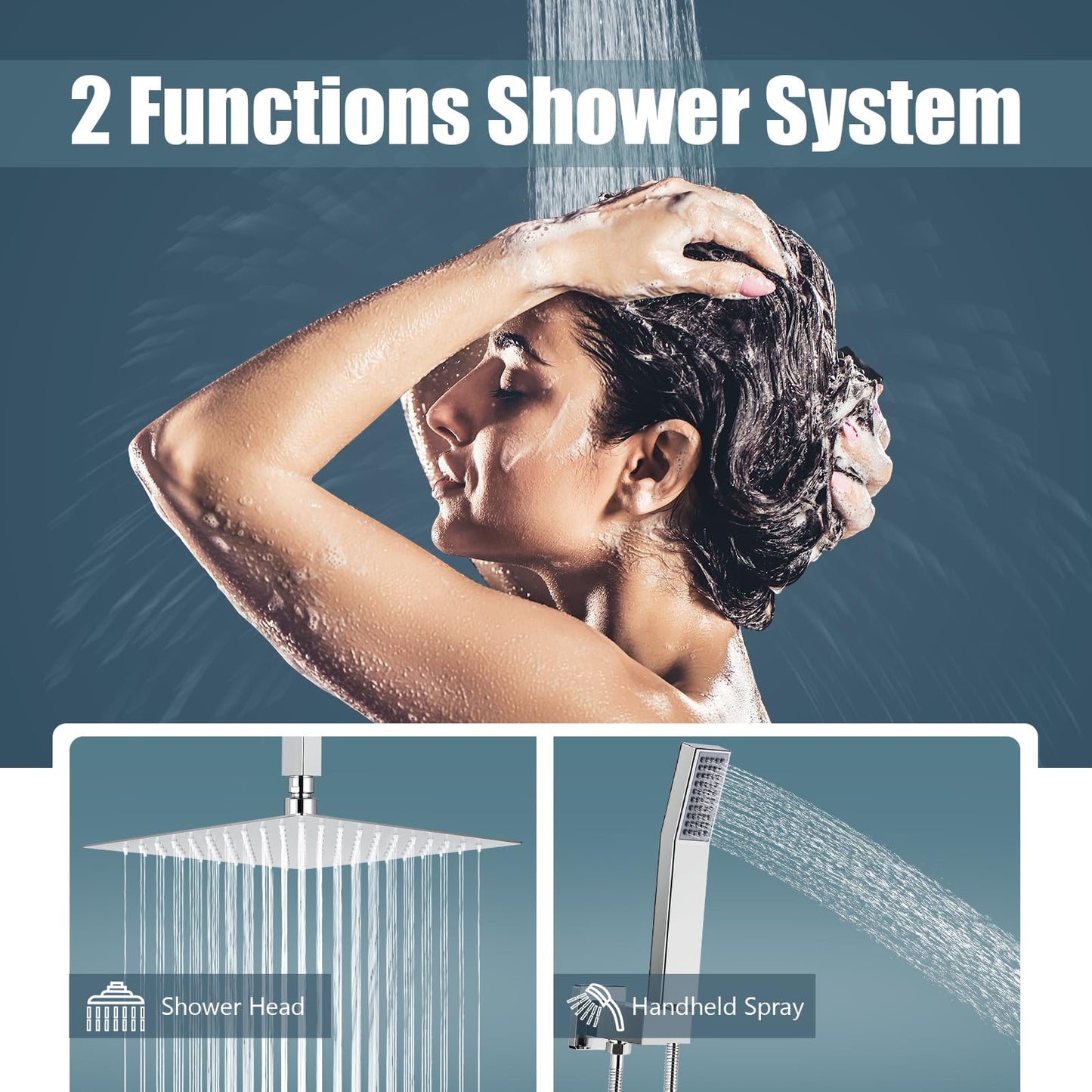 Qomolangma 10 inch Rain Shower System, Ceiling Mounted Bathroom Shower Faucet Set with Pressure Balance Valve, 2-Functions Shower Systems with Rain Shower and Handheld Spray Shower Trim Included
