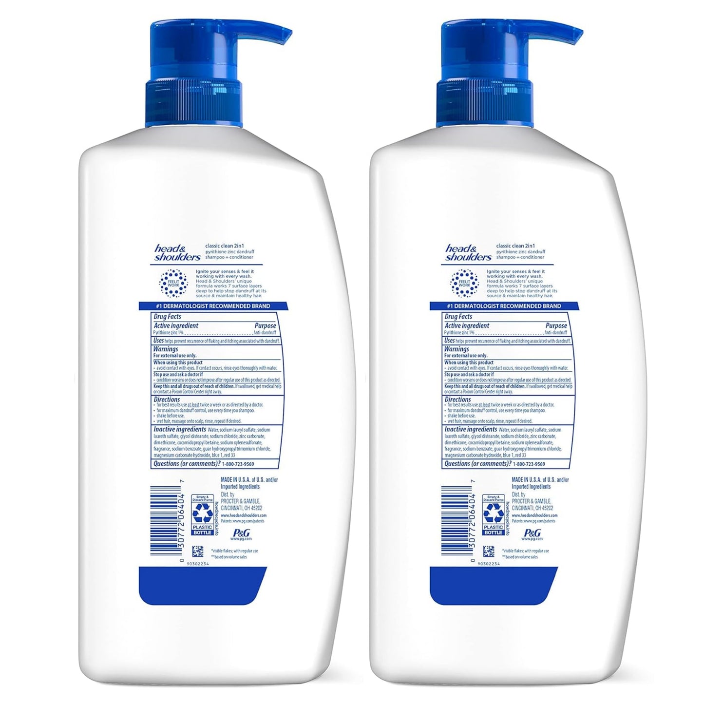 2 Big Bottles Head & Shoulders 2 in 1 Classic Clean Anti-Dandruff  Shampoo 32.1 Oz.