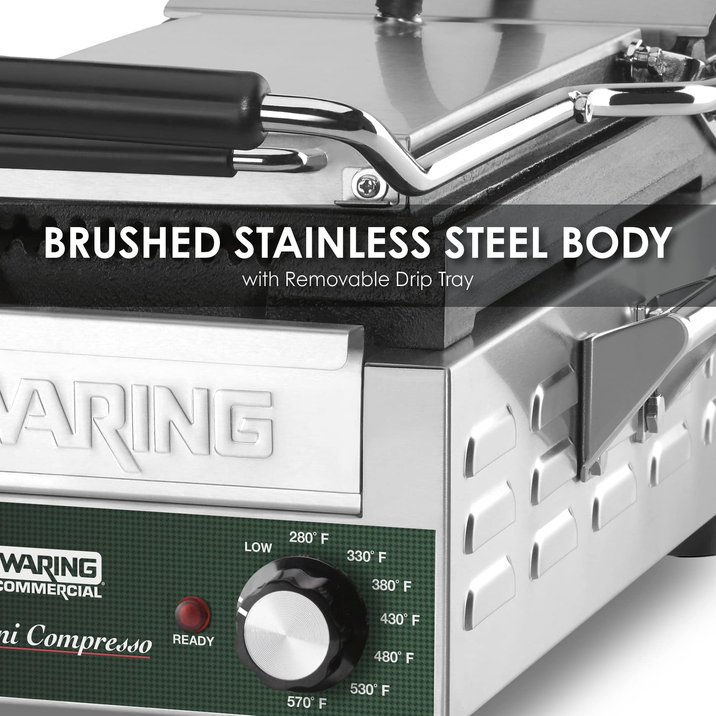 Waring Commercial WPG200 Panini Compresso Slimline Ribbed Grill, 120V, 1800W, 5-15 Phase Plug