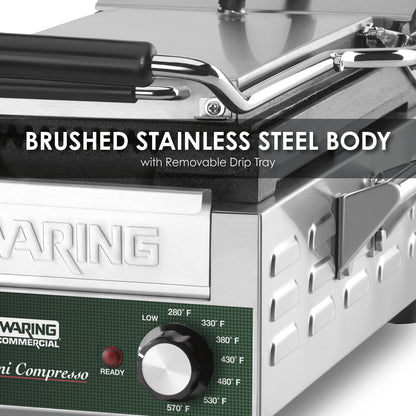 Waring Commercial WPG200 Panini Compresso Slimline Ribbed Grill, 120V, 1800W, 5-15 Phase Plug