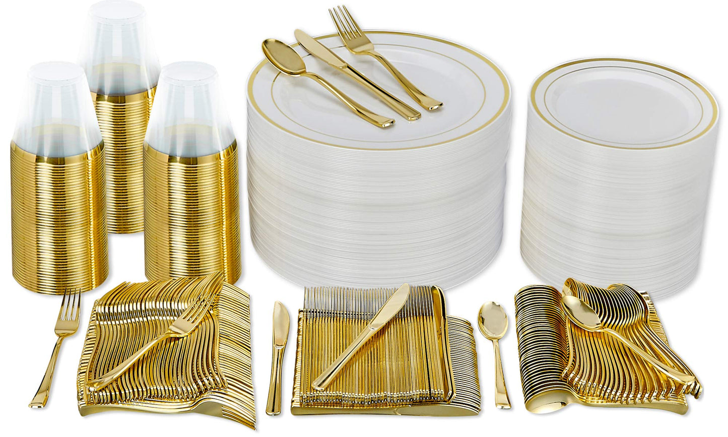 Prestee 600 Pc Disposable Dinnerware Set for 100 Guests - Gold - Reusable Party Supplies Set incl. 100 of Dinner Plates, Salad Plates, Knives, Forks, Spoons and Cups, Wedding Reception Supplies