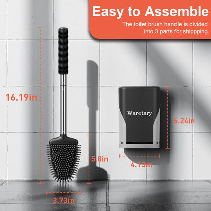 Silicone Toilet Bowl Brush with Holder: Long Handle Toilet Brush and Holder Set for Bathroom, Wall Mounted Toilet Scrubber Cleaner Brush(Black&Grey)