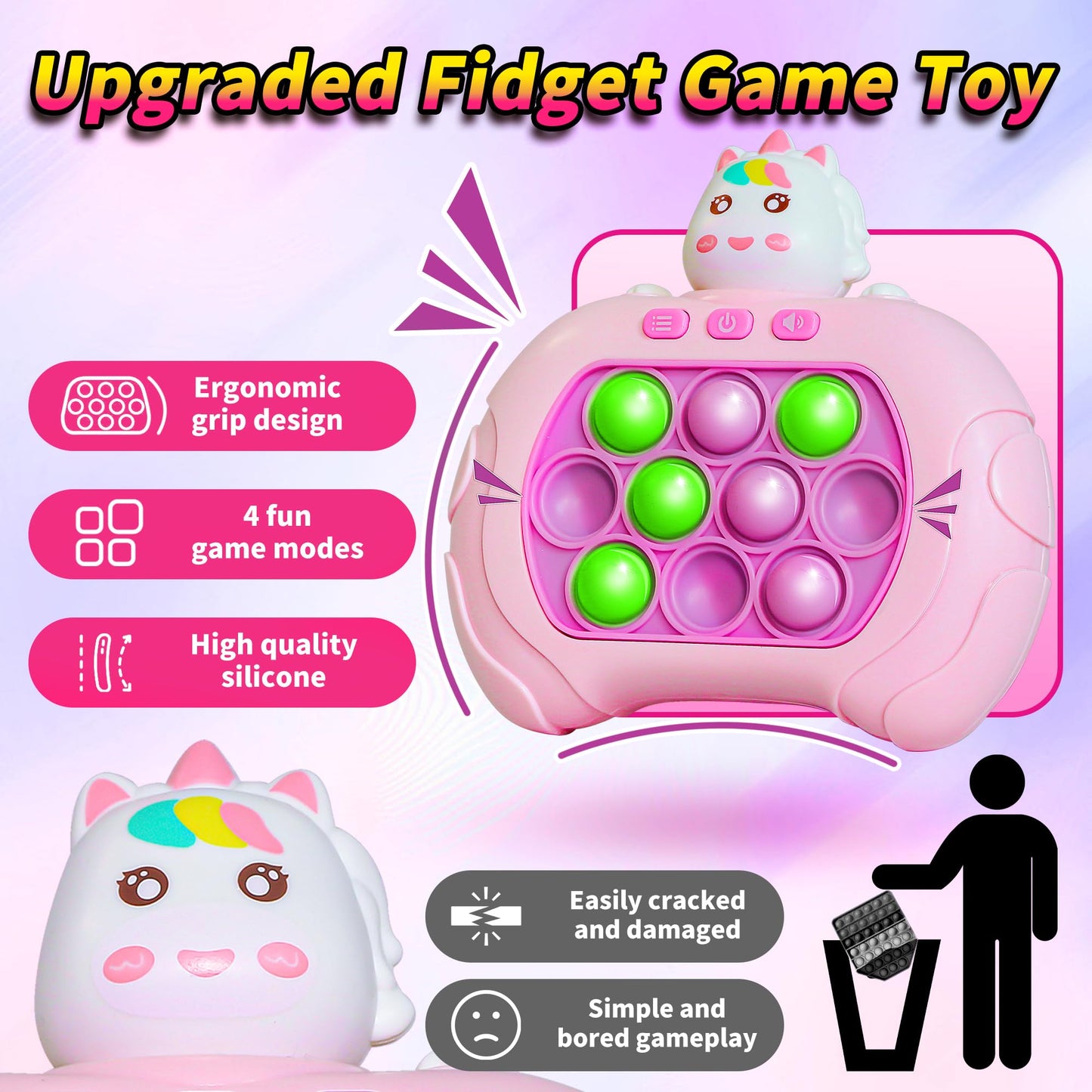 Fast Push Bubble Game,Rainbow Pop Fidget Toys for Kids, Handheld Light Up Popping Game with 4 Game Modes Funny Toys, Gift Idea for 6-12 8-12 Kids Puzzle Game Sensory Toys (Pink Uni-Corn)