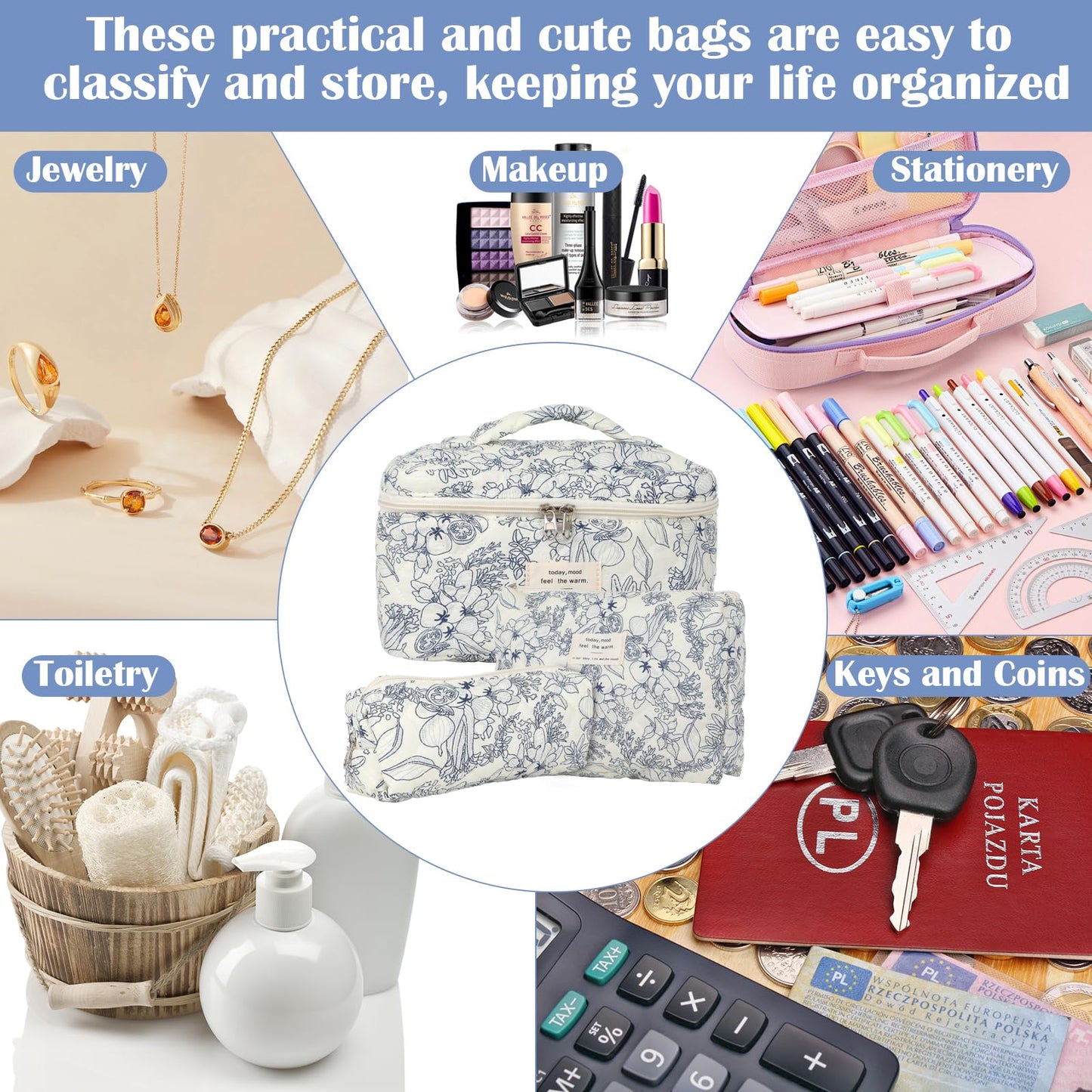 Quilted Floral Makeup Bag Set of 3
