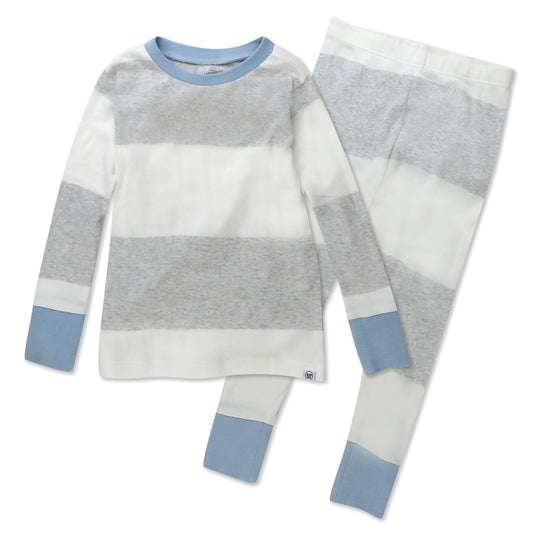 HonestBaby 2-Piece Pajamas Sleepwear PJs 100% Organic Cotton for Infant Baby and Toddler Boy, Unisex, Rugby Stripe Light Heather Gray, 18 Months