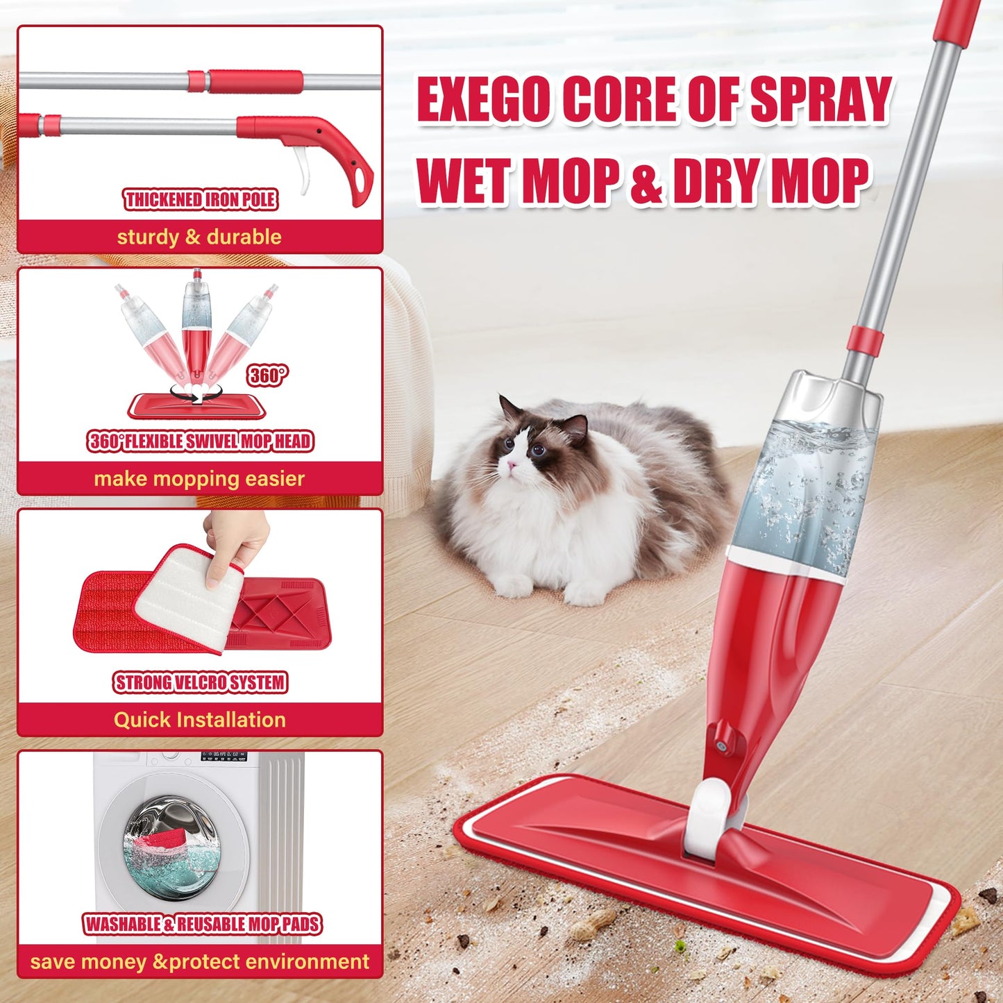 Spray Wet Mop for Hardwood Floor Cleaning, EXEGO Microfiber Dry Dust Spray Mop with Washable Pads fit for Swiffer Power Mop, Wet Mop with Jet Sprayer for Wood Laminate Ceramic Tiles Home Commercial